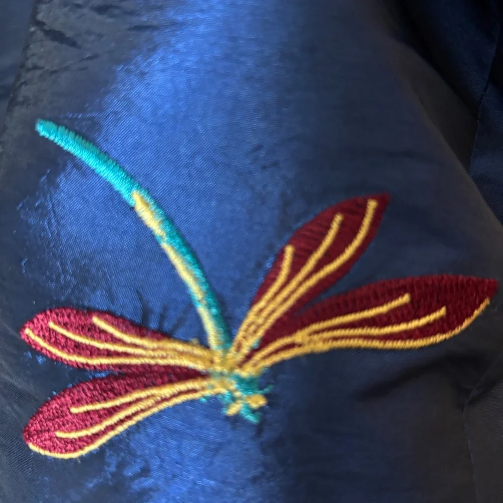 Gump's Y2K Women's Chic Artisan Embroidered Dragonfly Navy Turquoise Jacket 6